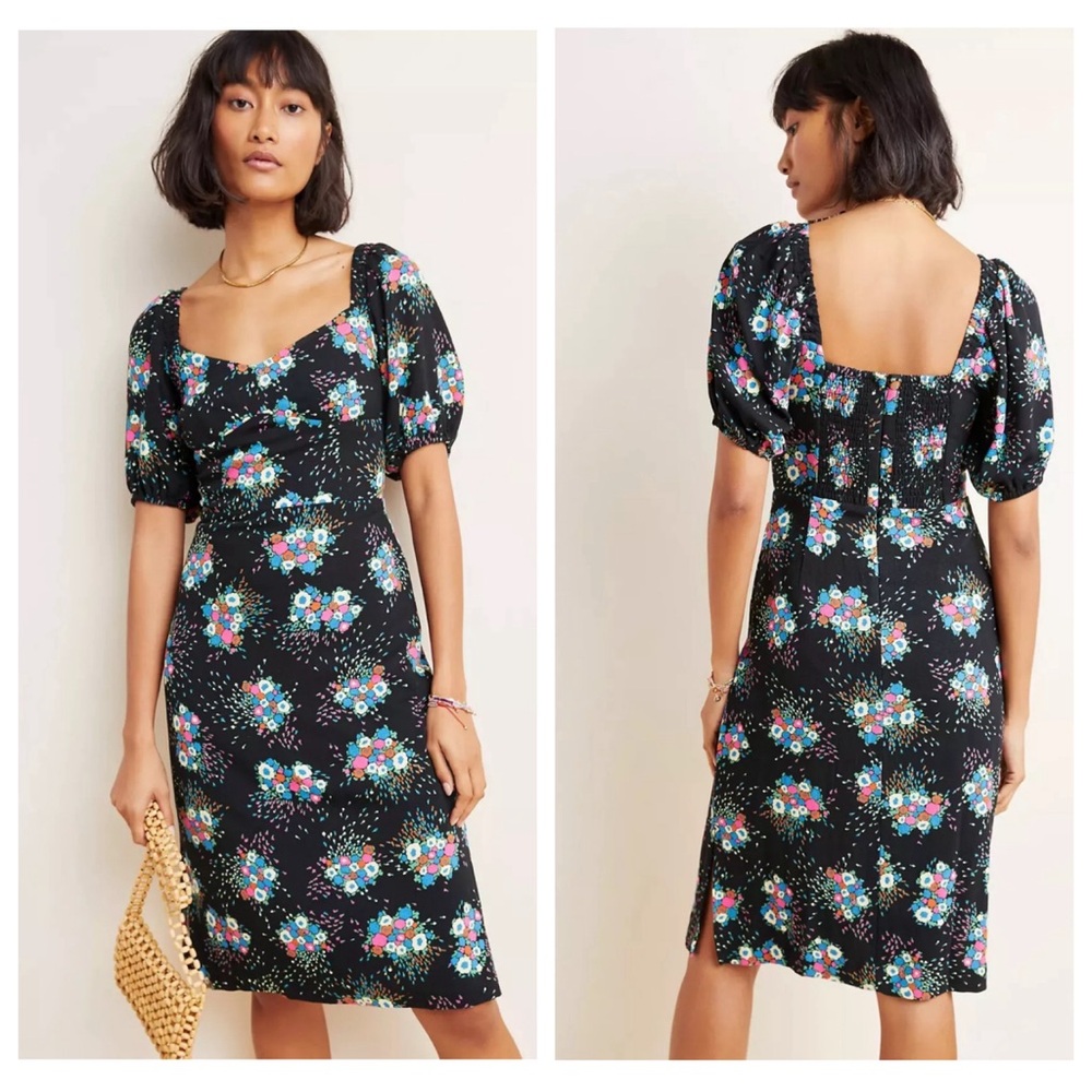 NWT Anthropologie Scarletta Sweetheart Dress 6 Floral Midi Puff Sleeve